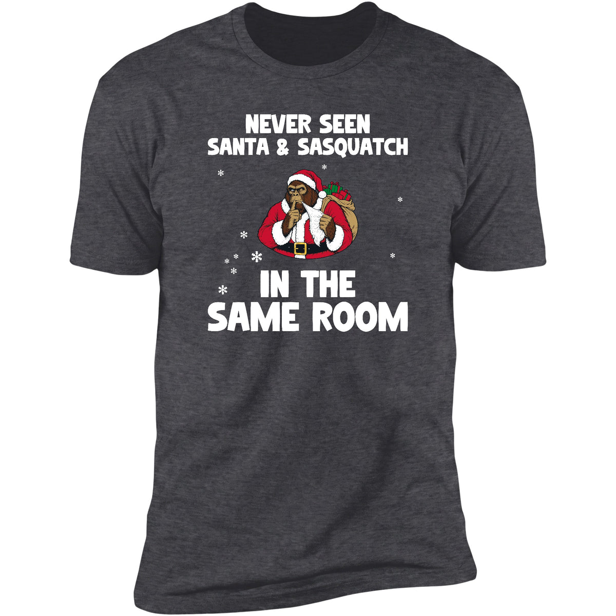 Never Seen Santa And Sasquatch tee in Dark Heather