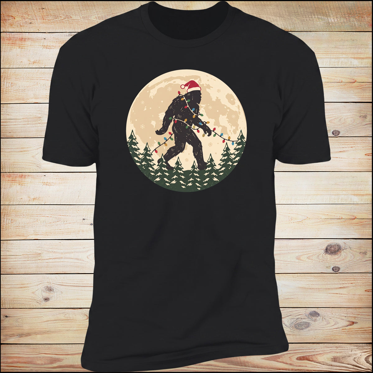 Bigfoot Santa Moon tee in Black on wood