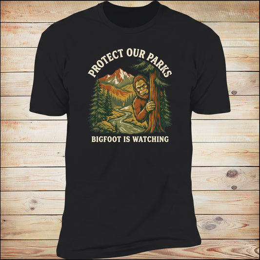 Protect Our Parks Bigfoot Is Watching river valley tee in Black