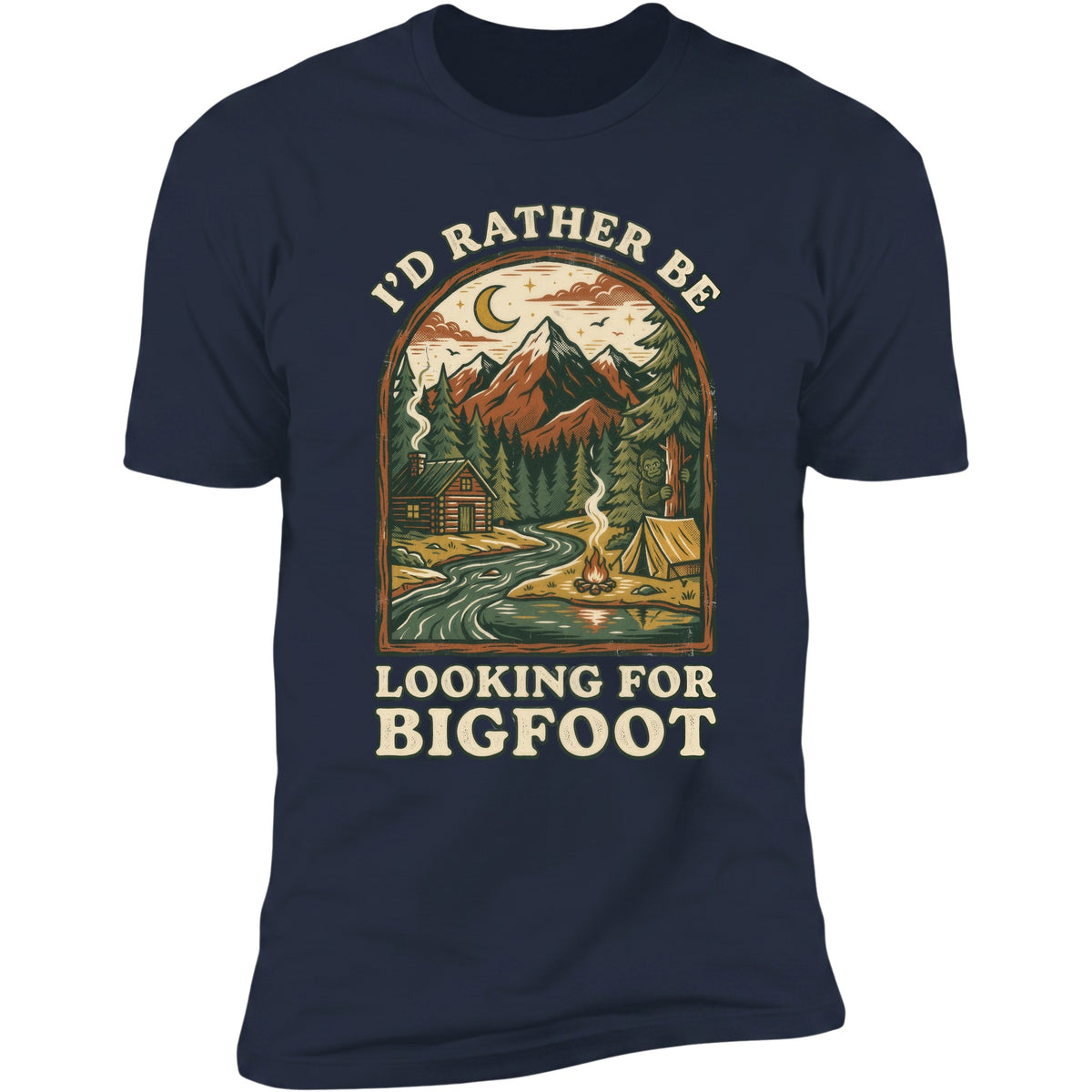 I'd Rather Be Looking For Bigfoot tee in Navy