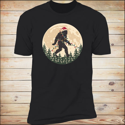 Bigfoot Santa Moon tee in Black on wood