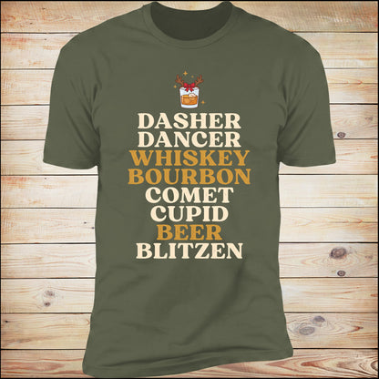 Dasher Dancer Whiskey Bourbon tee in Military Green on wood