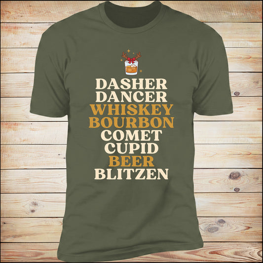 Dasher Dancer Whiskey Bourbon tee in Military Green on wood