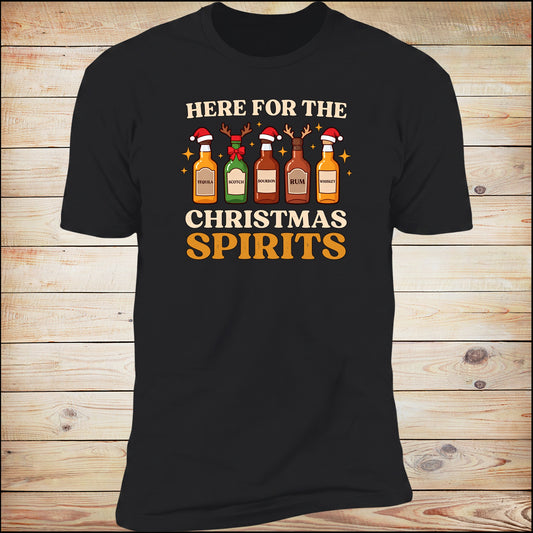 Here For The Christmas Spirits tee in Black on wood