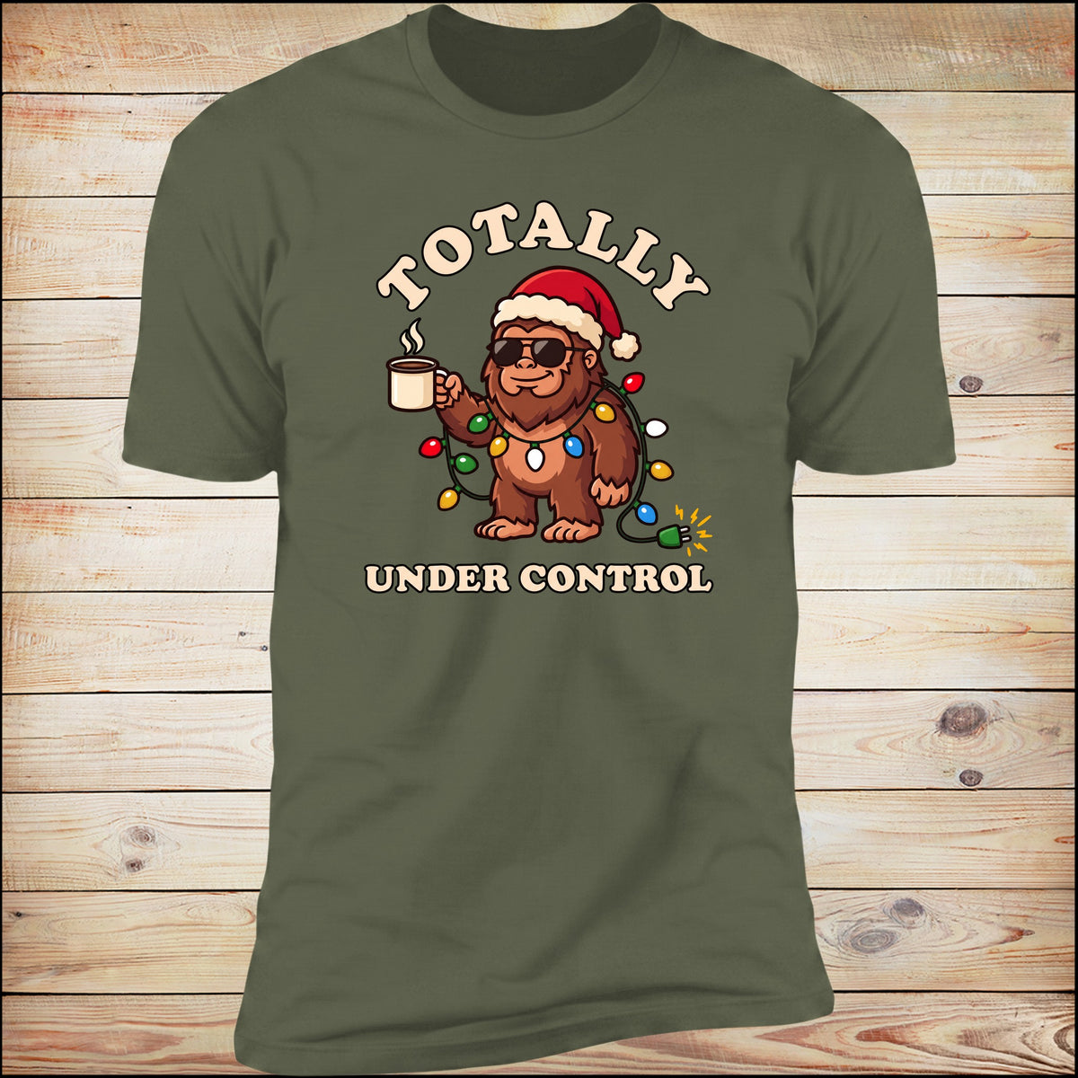 Totally Under Control tee in Military Green on wood