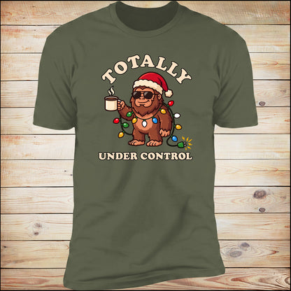 Totally Under Control tee in Military Green on wood